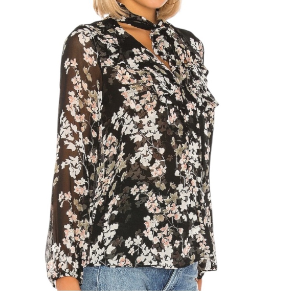 NWT MISA Patia Black Floral Sheer Long Sleeve Tie Neck Blouse Size Small